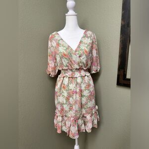 Lush floral surplice vneck puff sleeve ruffle mini dress